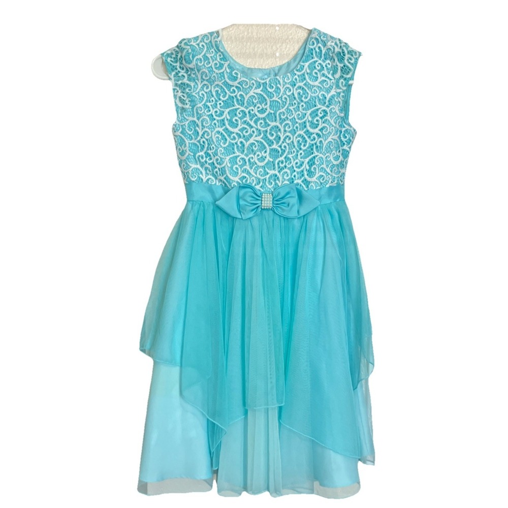 Jona Michelle Girls Sz 10 Dress Blue Bow Detail Sleeveless Lace Tulle